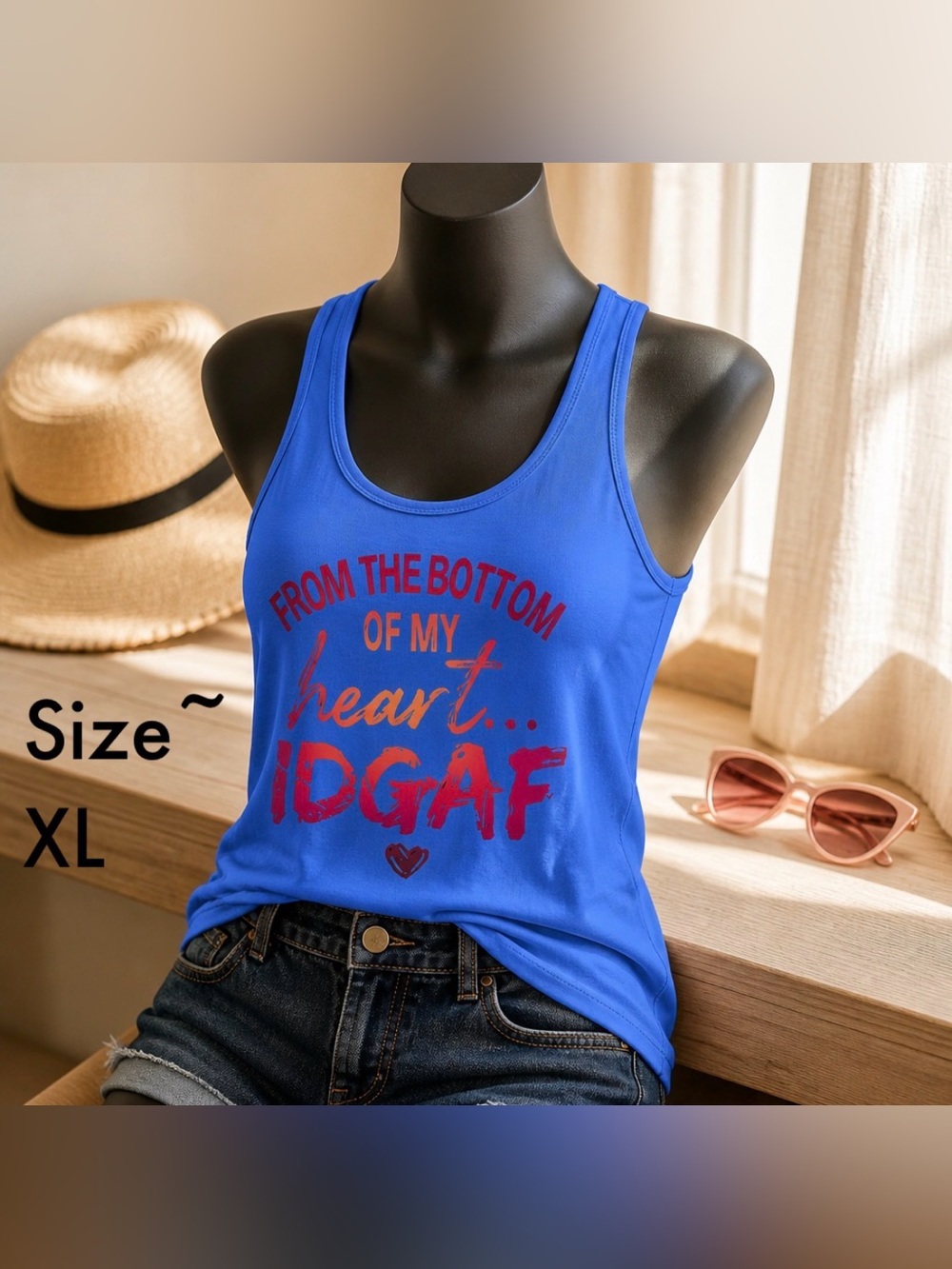 Blue Graphic Tank Top - "From the Bottom of My Heart... IDGAF"